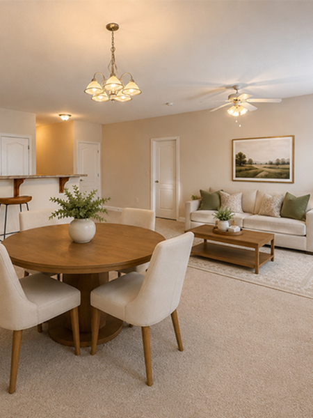 Elegant living and dining area with warm lighting, stylish round table, plush seating, and cozy ambiance.