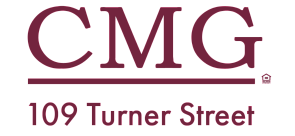 Elegant CMG logo with text '109 Turner Street' in stylish burgundy font, emphasizing upscale real estate.