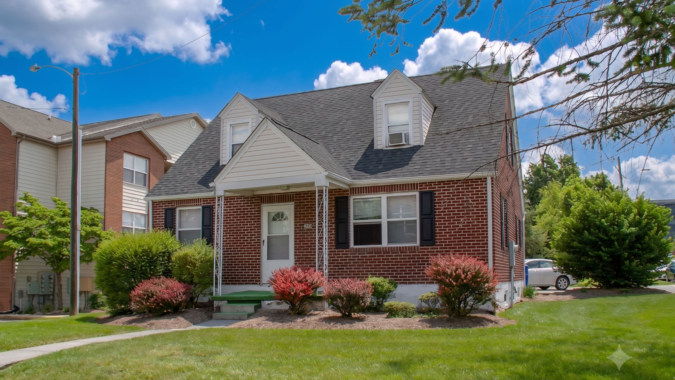 Charming brick house with classic gable roof and lush landscaping under a vibrant blue sky.