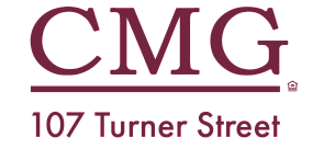 Elegant logo design for CMG at 107 Turner Street, featuring a sophisticated burgundy text.