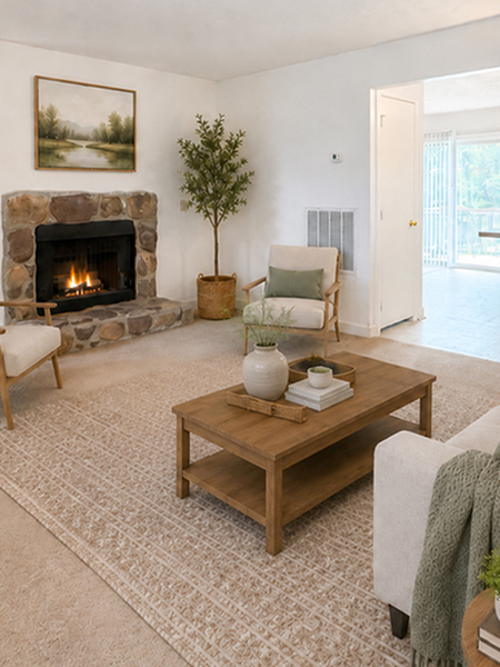 Cozy living room featuring a rustic stone fireplace, elegant decor, and a bright open area leading to the patio.