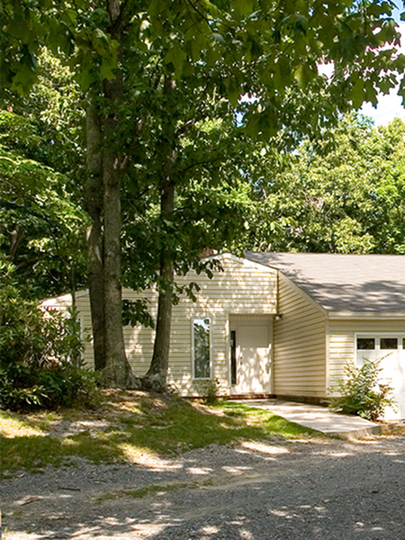 Charming single-story home nestled among lush trees, featuring a cozy entrance and a modern exterior.