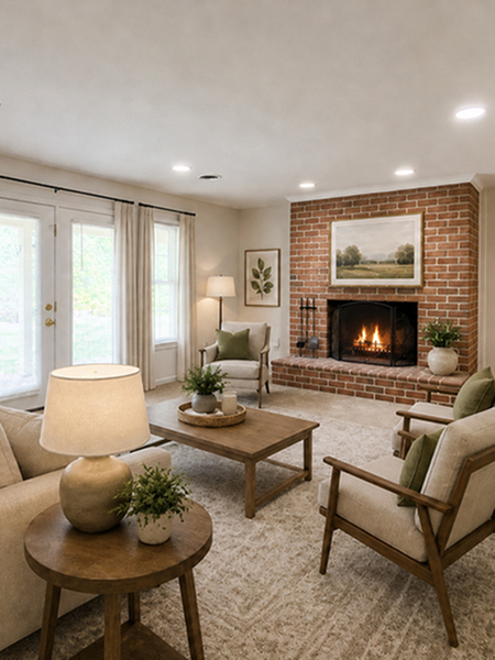 Inviting living room with a warm fireplace, elegant brick accent wall, and cozy seating arrangement, perfect for relaxation.