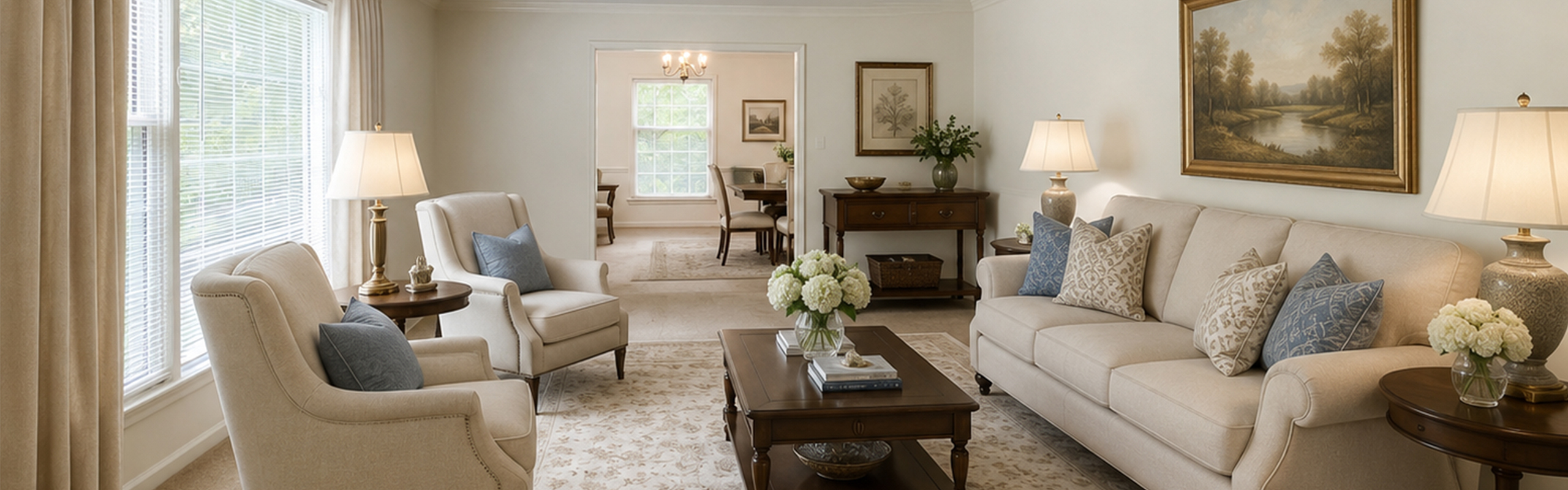 Elegant living room with plush furniture, soft lighting, and a picturesque view into a stylish dining area.