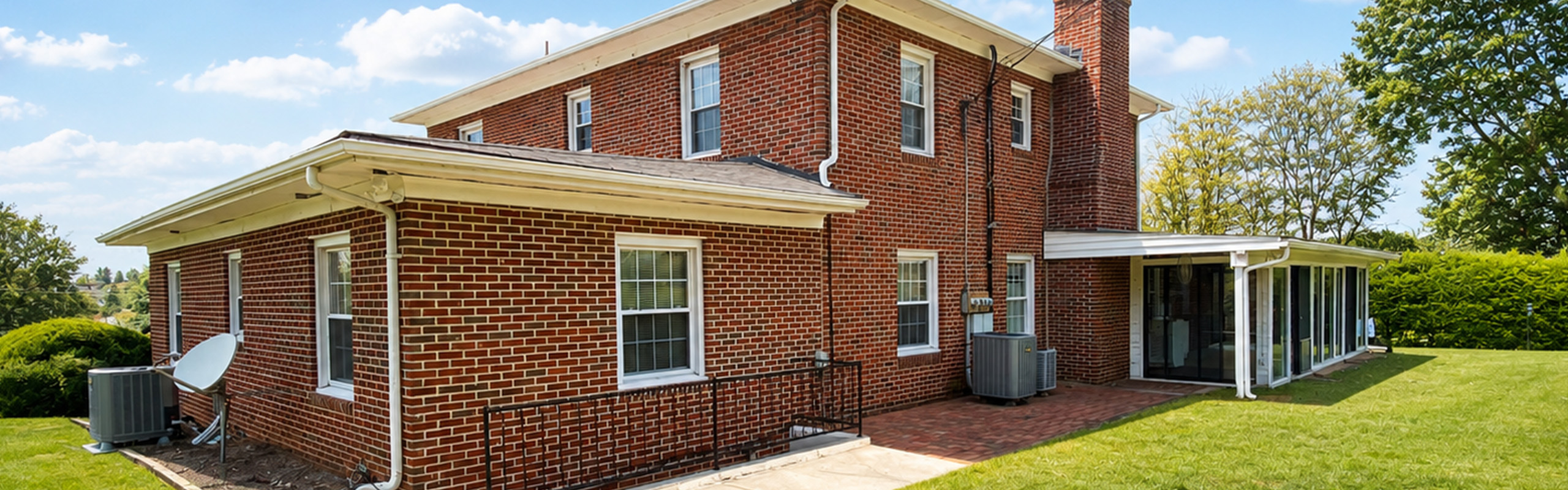 Charming brick house with expansive lush lawn, modern amenities, and large sunroom, perfect for family living.