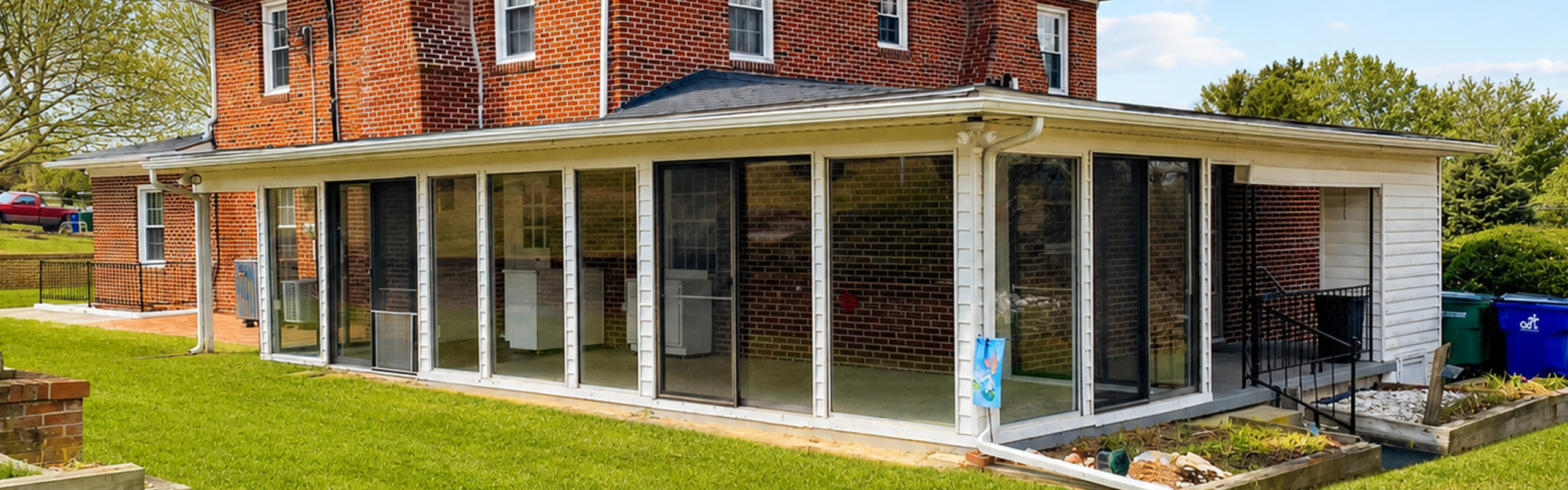 Charming brick house with expansive sunroom and lush green lawn, perfect for enjoying natural light and serene outdoor views.
