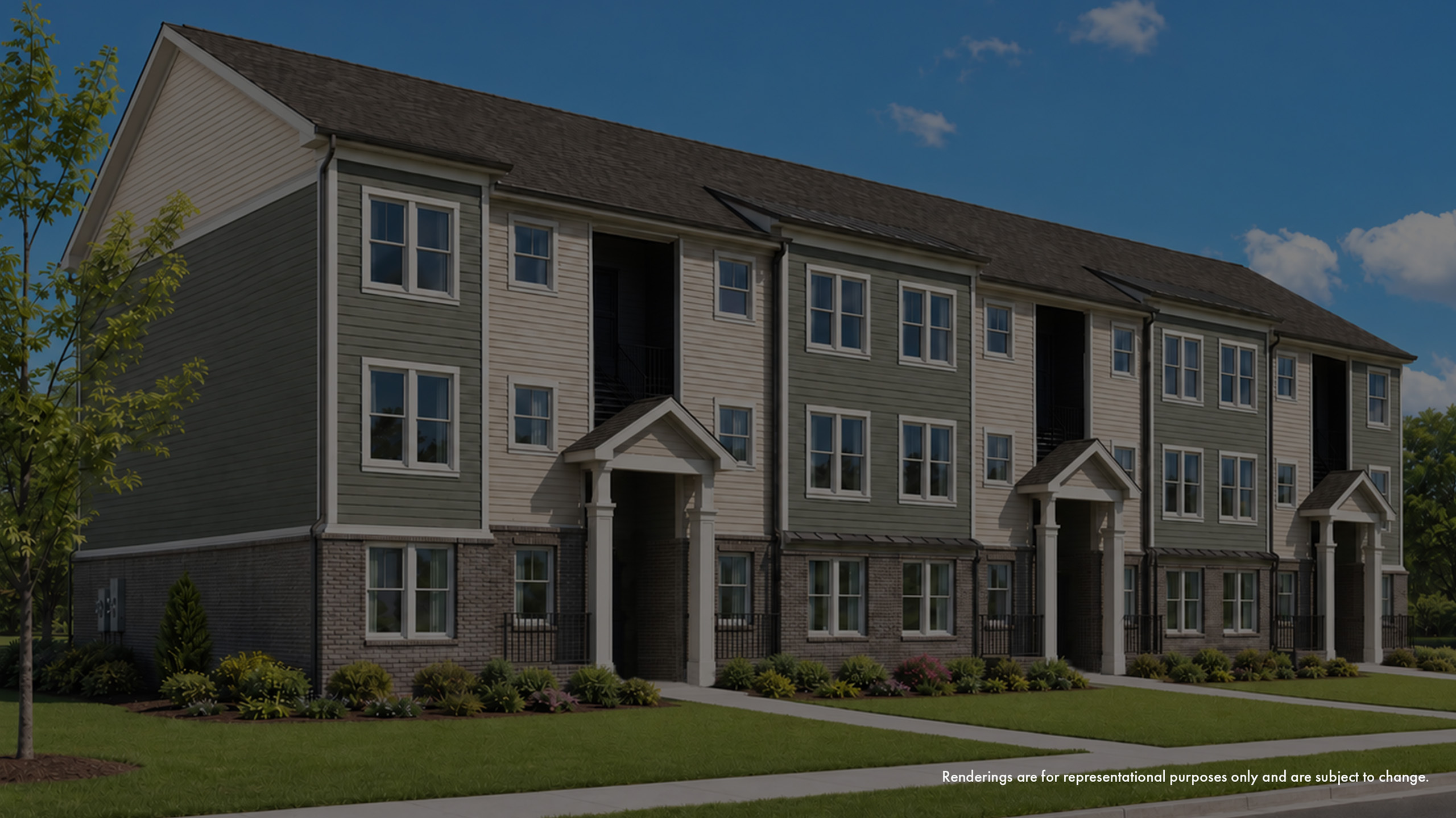Elegant three-story apartment building with modern architecture, surrounded by lush greenery and pristine lawns, offering a perfect blend of luxury and comfort.