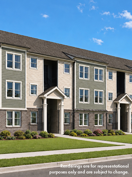 Charming modern apartment building exterior with three stories, large windows, and elegant entryways, perfect for comfortable urban living.