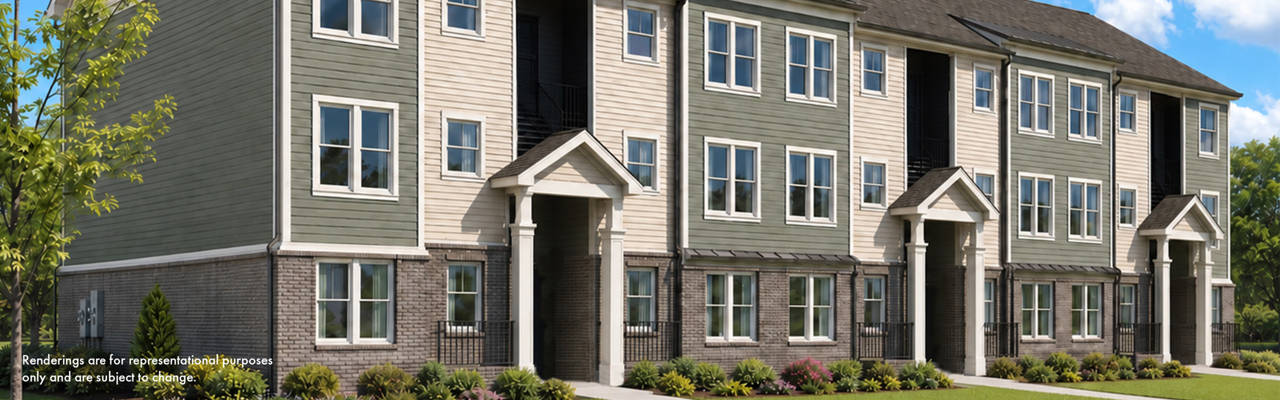 Charming multi-story apartment complex with elegant architecture, lush landscaping, and inviting entryways.