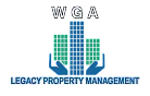 Logo for WGA Legacy Property Management featuring stylized skyscrapers embraced by hands, symbolizing care and urban living.