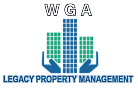 Logo for WGA Legacy Property Management featuring stylized skyscrapers held by hands, symbolizing care and professionalism in real estate.