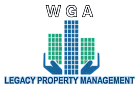 Modern logo for WGA Legacy Property Management featuring hands holding a stylized cityscape, symbolizing trust and care in property services.
