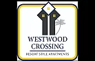 Elegant logo of Westwood Crossing, featuring a modern architectural design with a palm tree backdrop, symbolizing resort-style living.