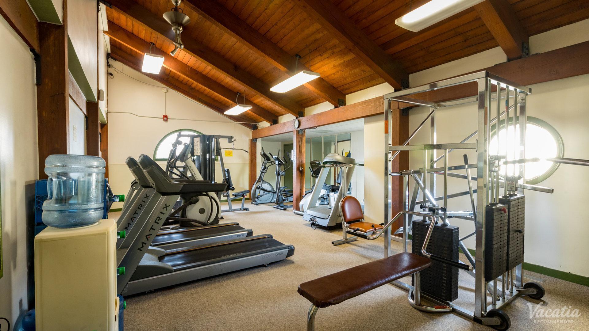 Inviting modern gym with state-of-the-art treadmills, elliptical machines, and free weights, set in a bright, airy space with wooden beams and natural light.