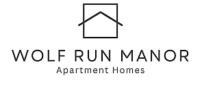 Elegant Wolf Run Manor logo featuring a minimalistic house design with stylish typography, representing upscale apartment homes.