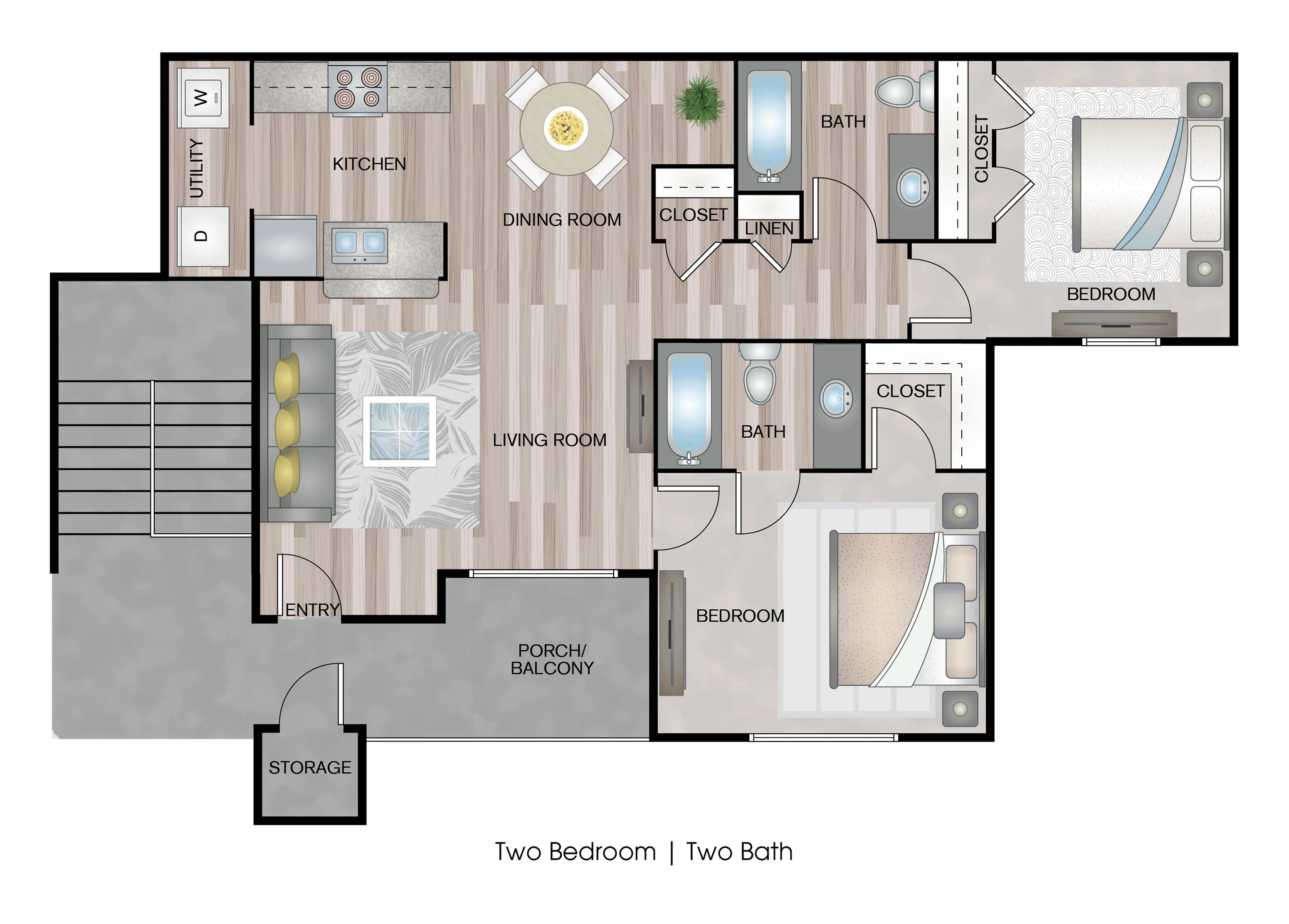 Elegant 2D floor plan showcasing a modern two-bedroom, two-bath layout with a cozy living room, dining area, and stylish kitchen. Includes a porch balcony and utility space.