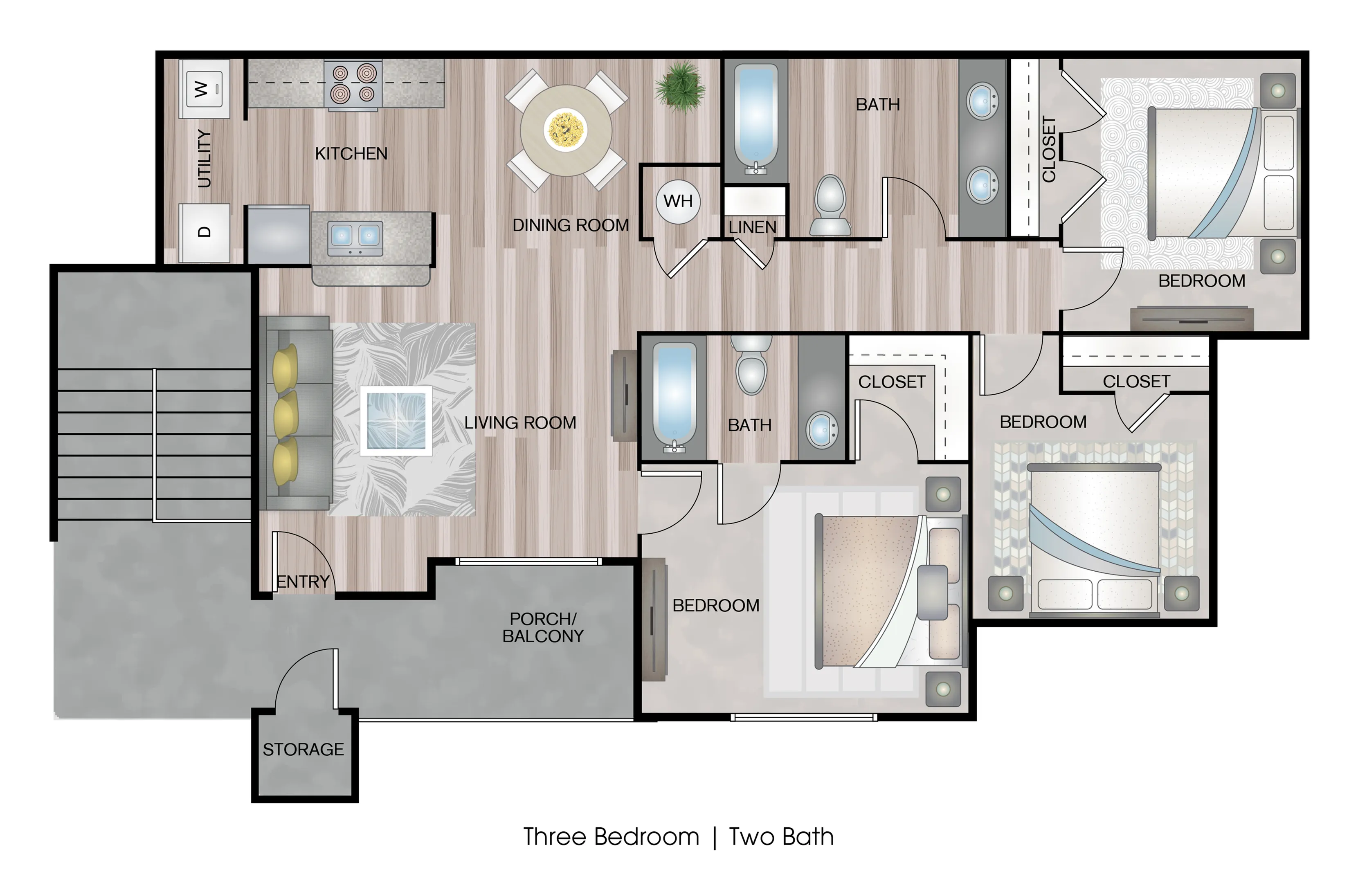 Modern three-bedroom floor plan featuring two stylish bathrooms, an open-concept living room, and a spacious kitchen with dining area, ideal for comfortable living.