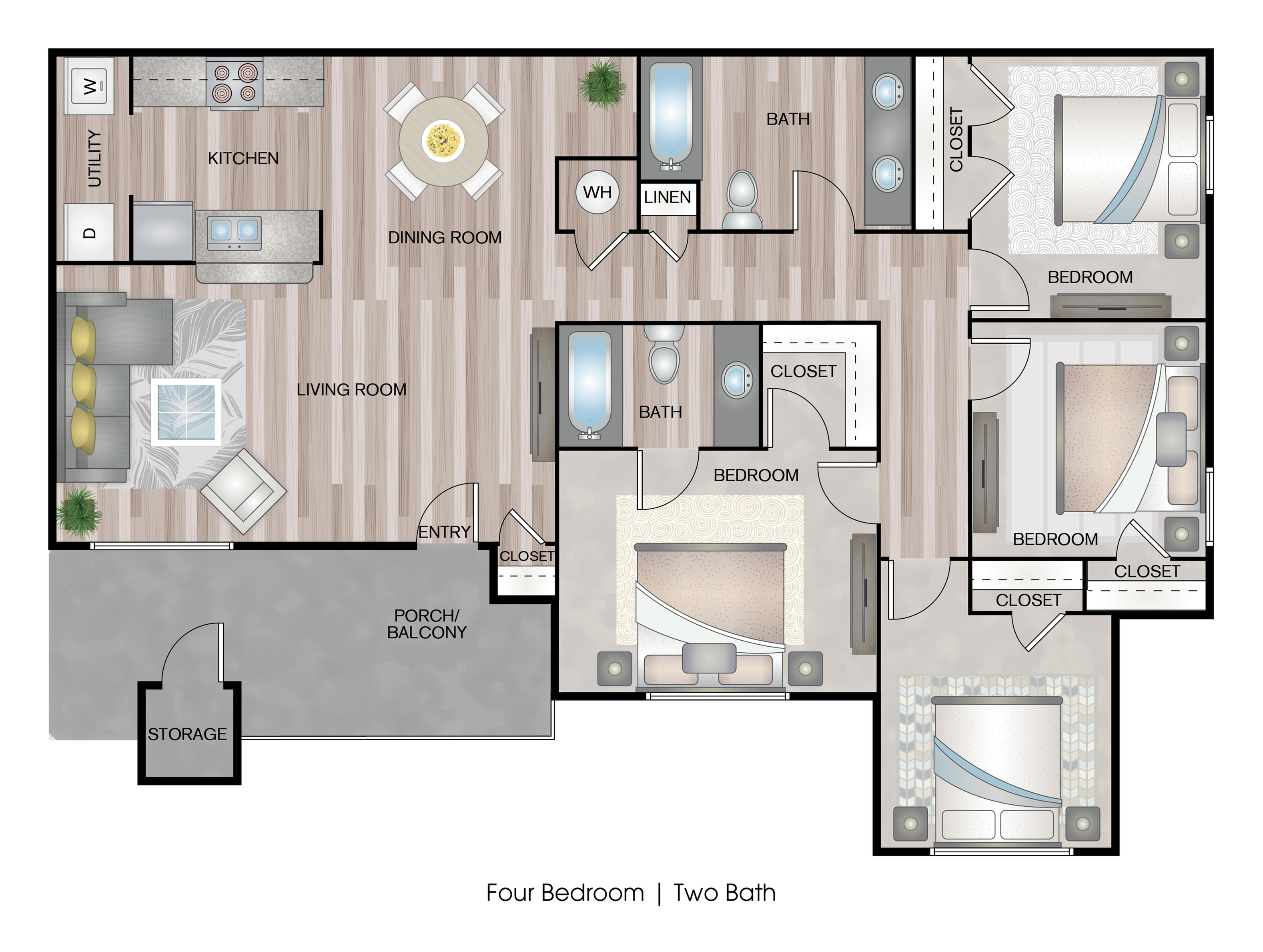 Contemporary four-bedroom, two-bath floor plan showcasing a spacious living room, modern kitchen, and inviting porch with balcony.