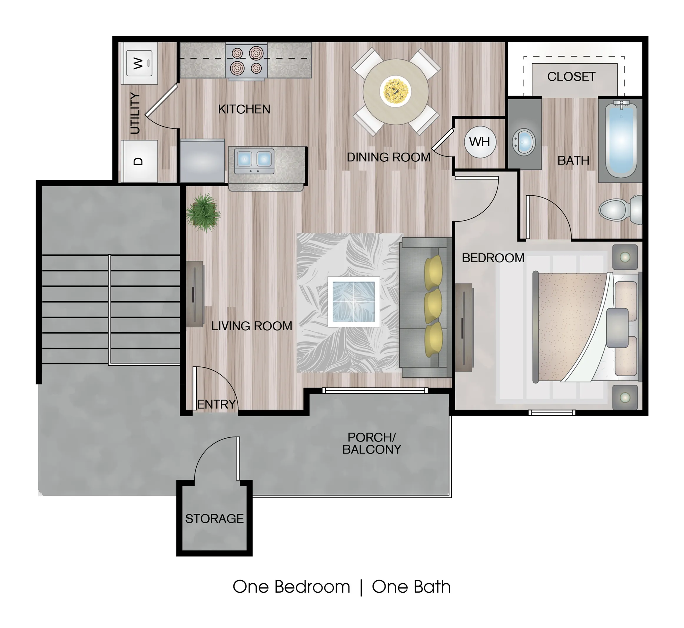 Elegant one-bedroom apartment floor plan with open living and dining area, spacious kitchen, cozy bedroom, and inviting porch/balcony.