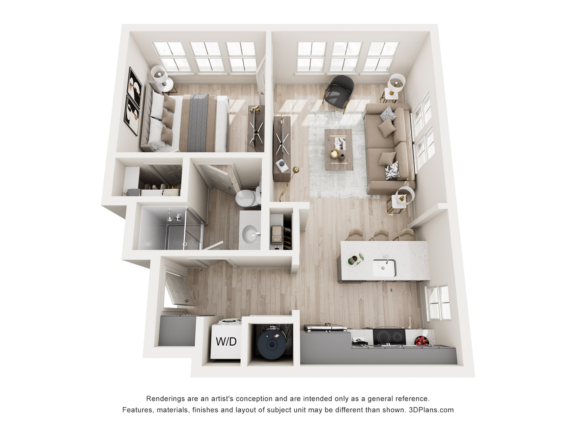 Modern 3D floor plan with one cozy bedroom, stylish bathroom, open-concept living room, and sleek kitchen design.