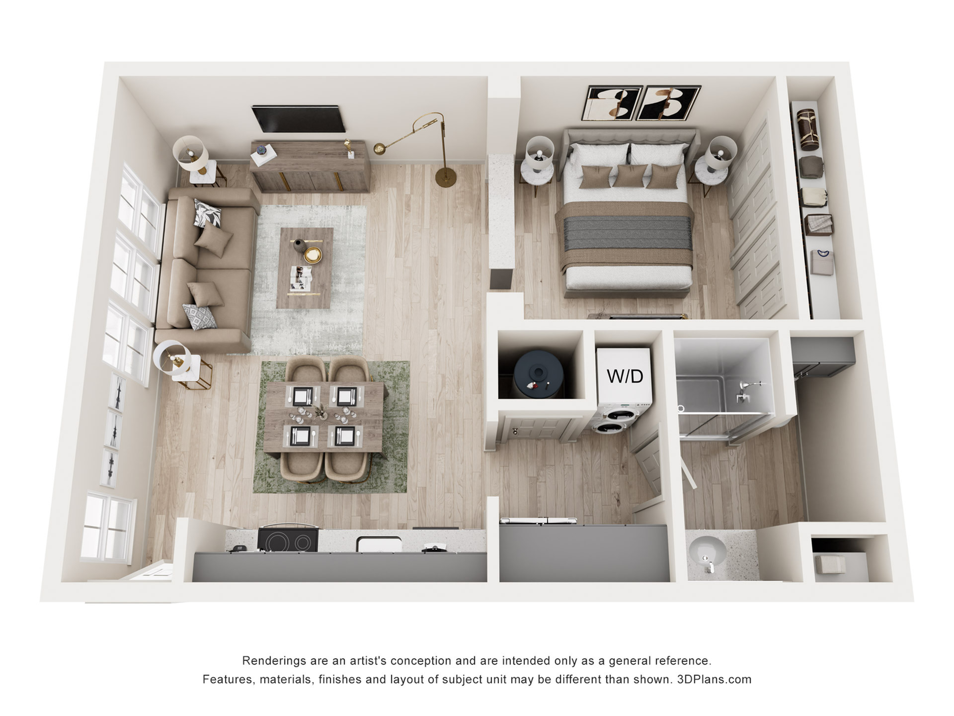 Chic 3D apartment layout showcasing 1 bedroom, modern kitchen, cozy living area, and convenient bathroom with in-unit laundry.