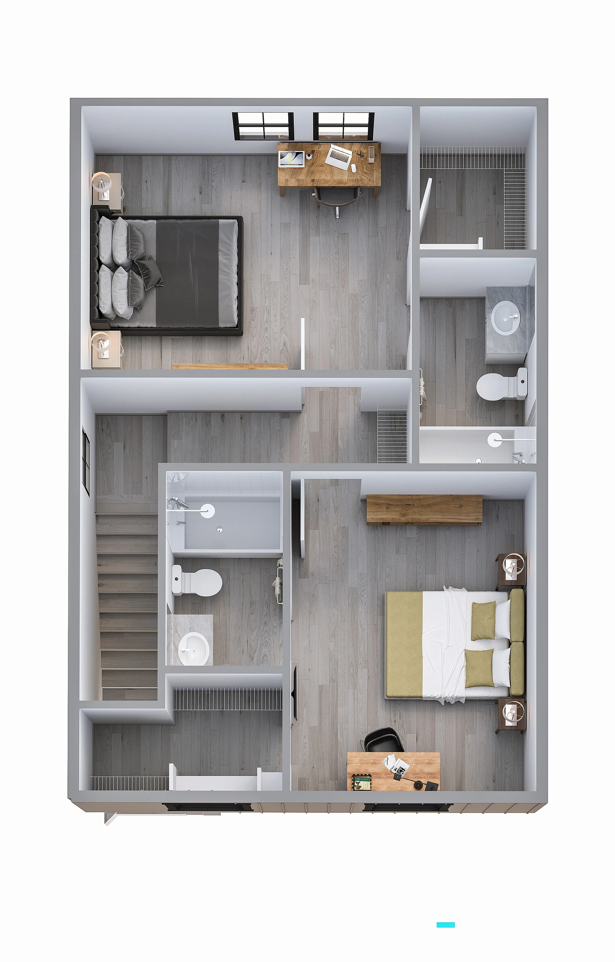 Modern floor plan showcasing two elegant bedrooms, two stylish bathrooms, and two versatile workspaces, perfect for remote work.