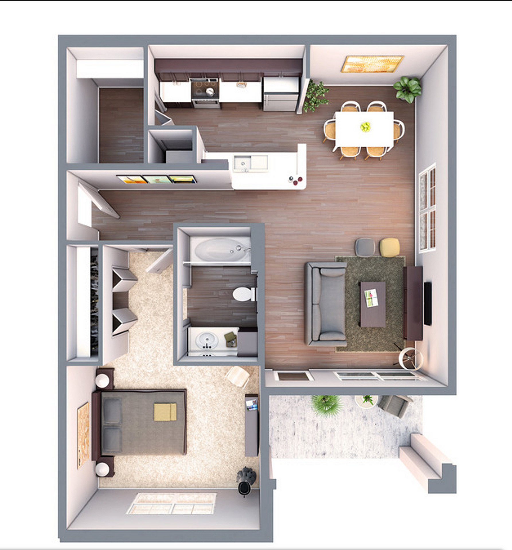 Modern apartment floor plan with one bedroom, a cozy living room, sleek kitchen, and dining area, perfect for contemporary living.
