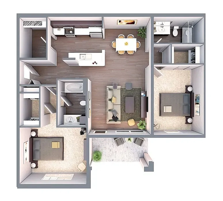 Modern 2-bedroom floor plan with options for balcony, featuring a spacious living room, dining area, and efficient kitchen layout, 765 square feet.