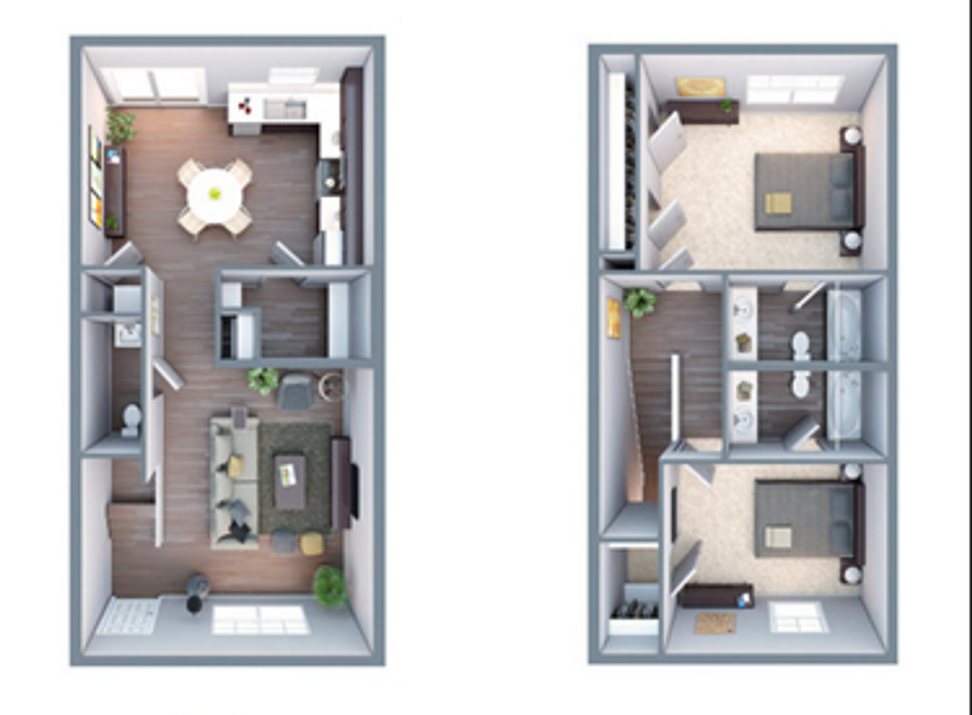 Modern 3D floor plan showcasing a chic two-story apartment with open-concept living and dining areas, two spacious bedrooms, and dual bathrooms.