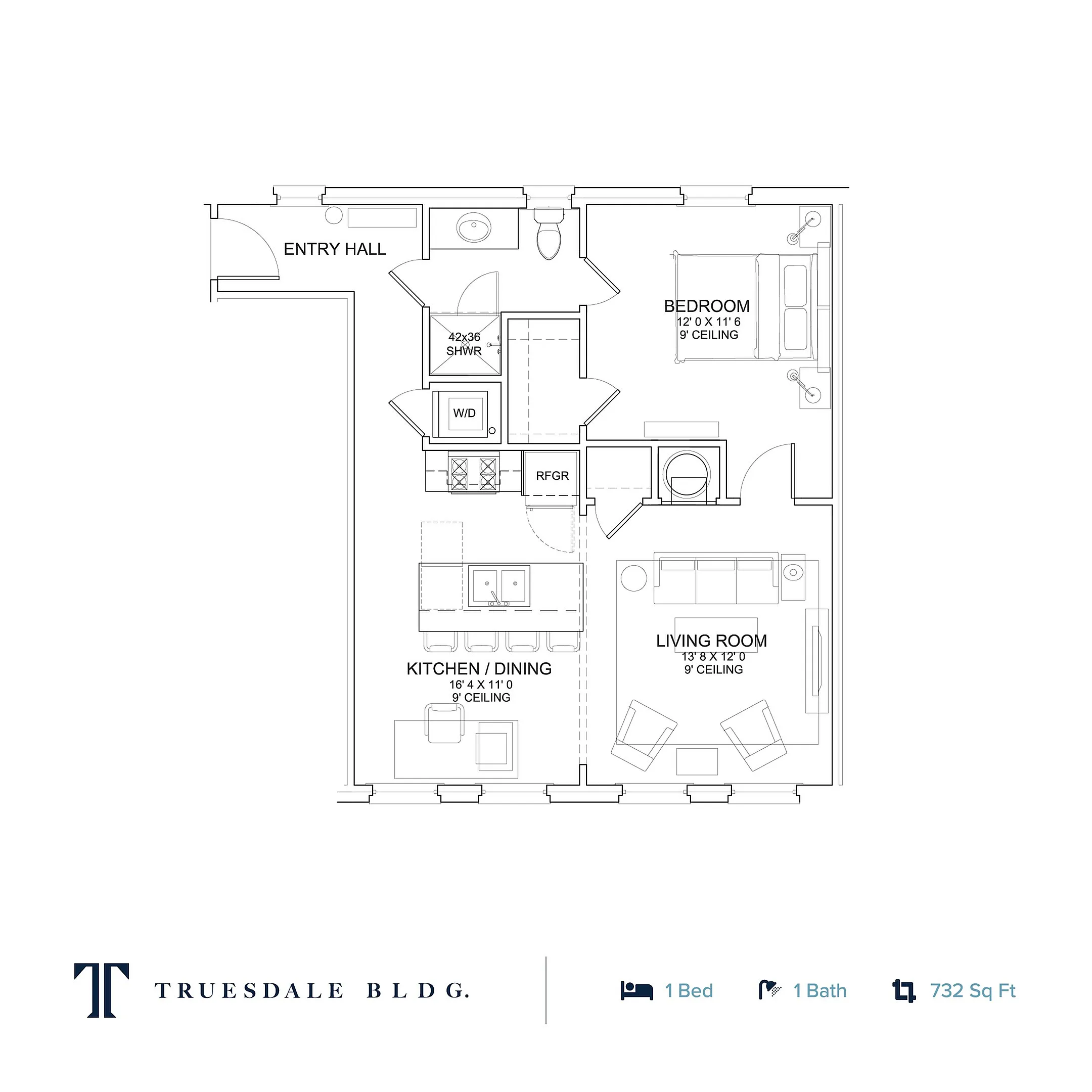 Elegant floor plan of Truesdale Building showcasing a spacious 1-bedroom, 1-bathroom unit with an open kitchen and dining area, living room, and entry hall, covering 732 sq ft.