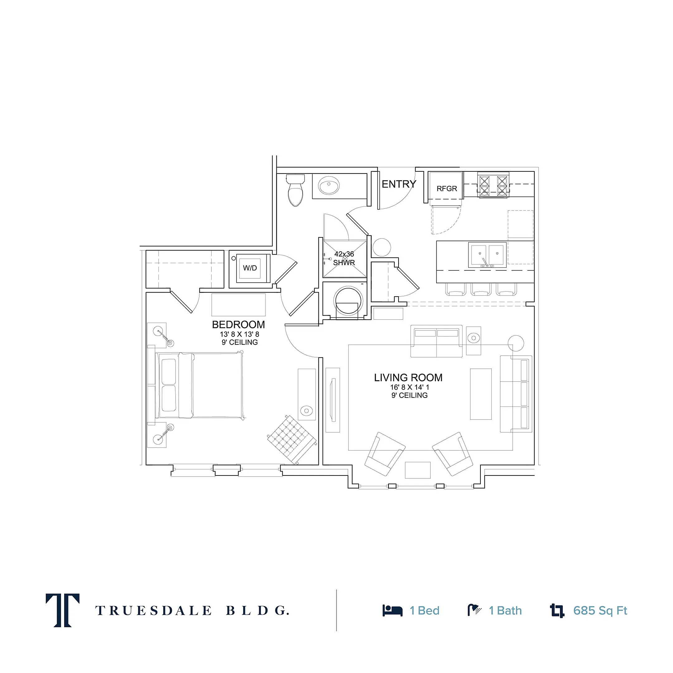 Stylish floor plan of Truesdale Building showcasing 1 bedroom, 1 bath, and an open-concept living area with a modern kitchen, spanning 685 sq ft.