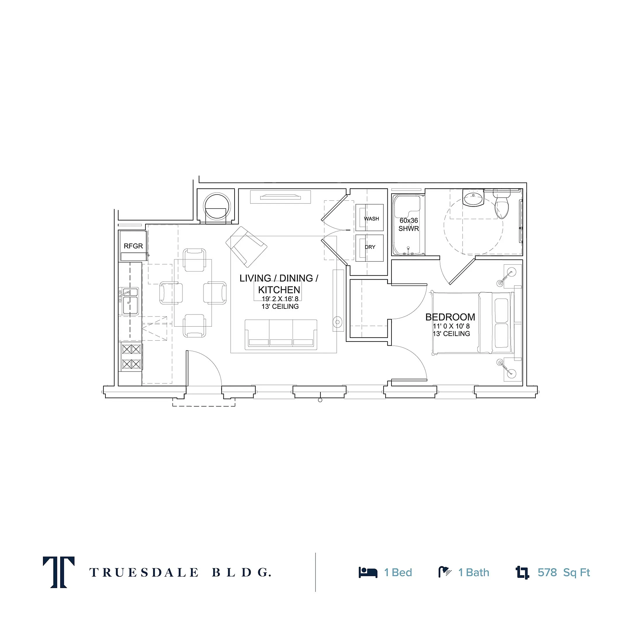 Truesdale Building floor plan featuring a modern 1 bedroom, 1 bath layout with open living, dining, and kitchen areas, spanning 578 sq ft.