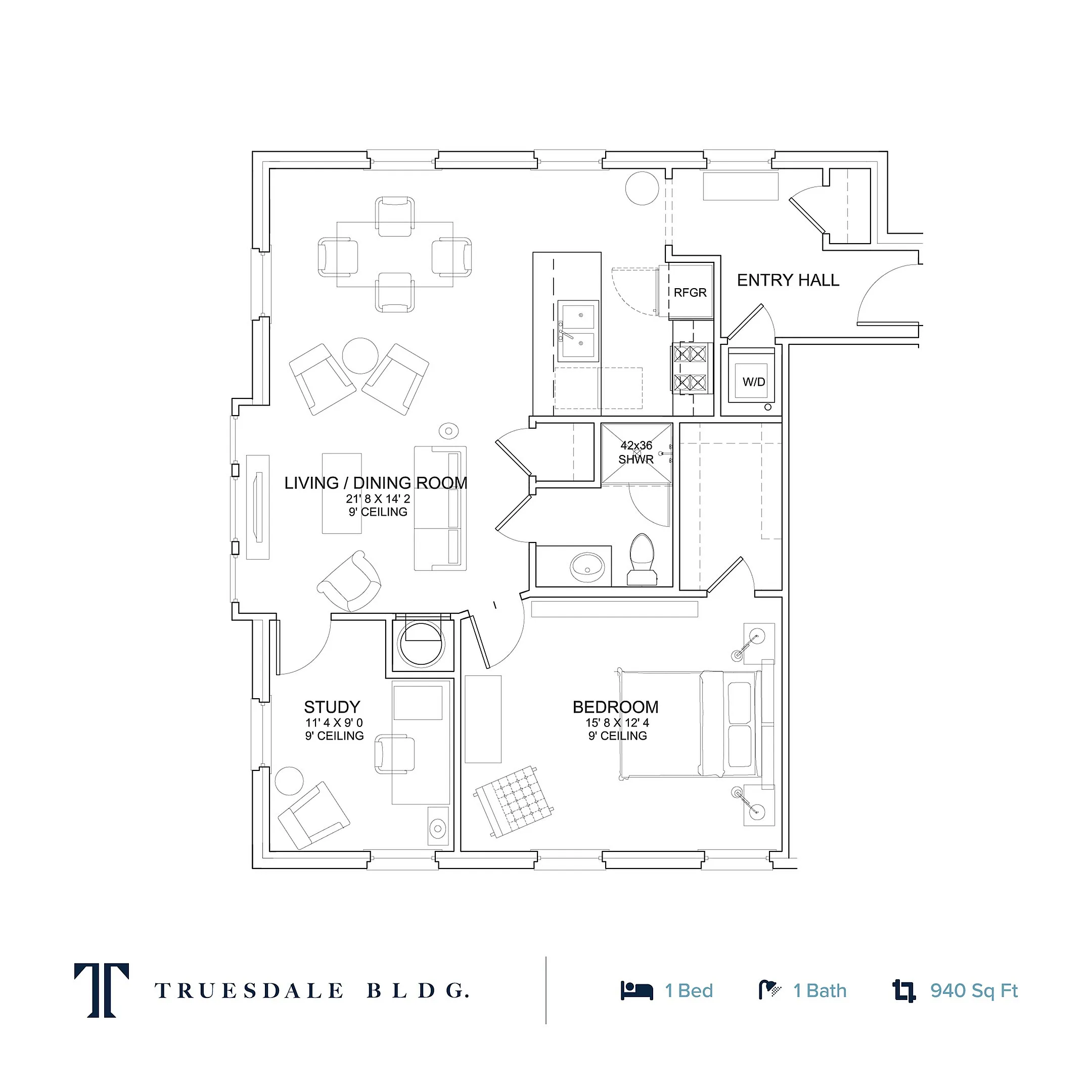 Modern floor plan of Truesdale Building featuring 1 bedroom, a study, and an open living/dining room. Located in a spacious 940 sq ft layout with stylish design.