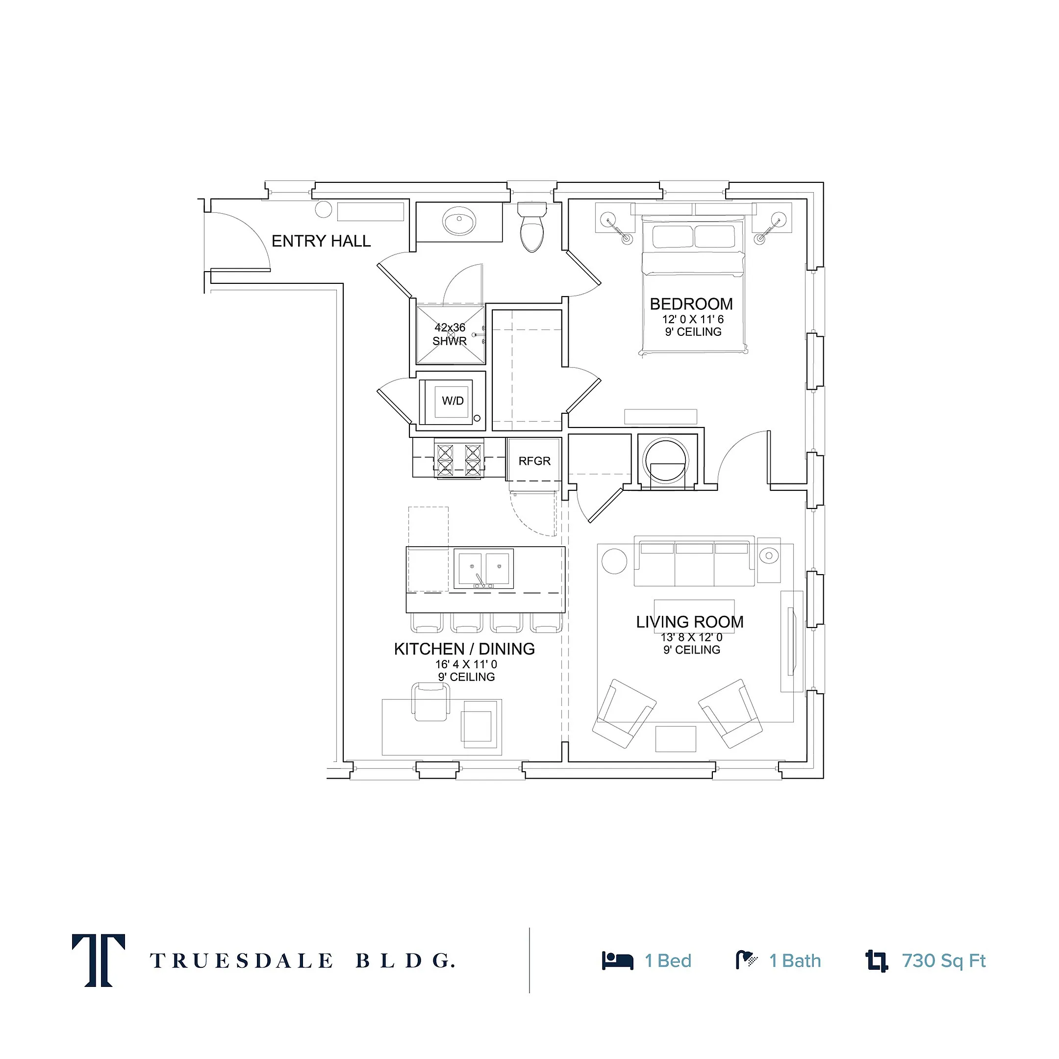 Truesdale Building cozy apartment floor plan featuring 1 bedroom, a spacious living room, and a modern kitchen/dining area, all in 730 sq ft.