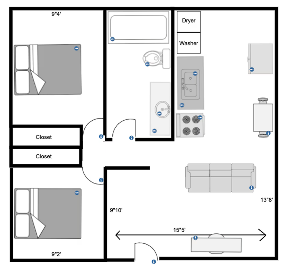 Modern apartment floor plan featuring 2 bedrooms, open living area, sleek kitchen, and in-unit washer and dryer.