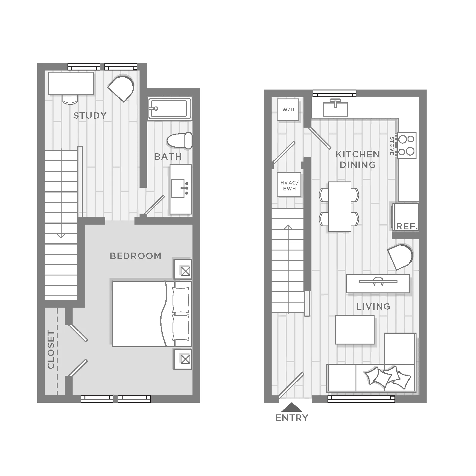 Modern two-story floor plan featuring a spacious bedroom, cozy study, and sleek kitchen living area, perfect for stylish urban living.