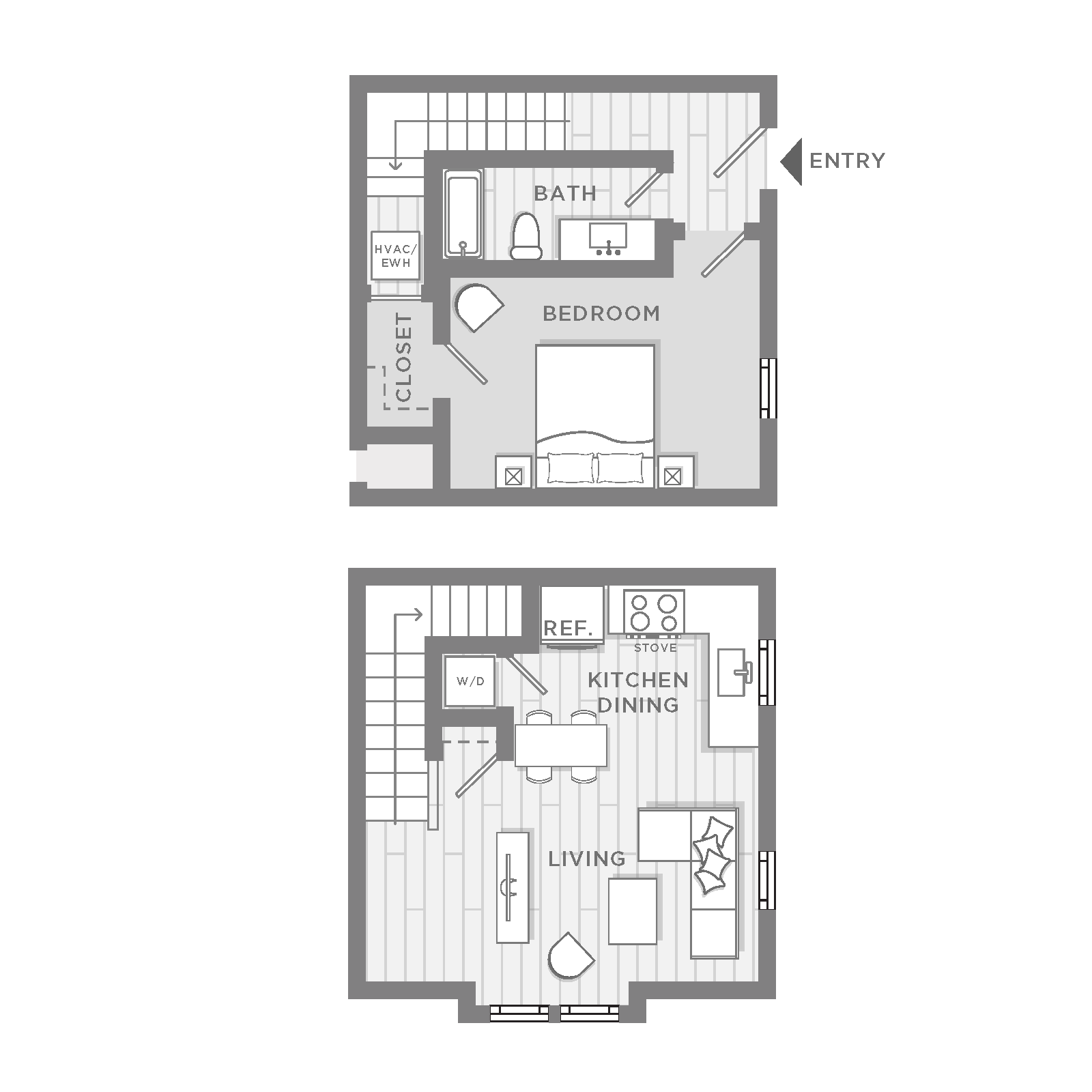 Chic two-level floor plan featuring a cozy bedroom, modern kitchen with dining space, and an inviting living area.