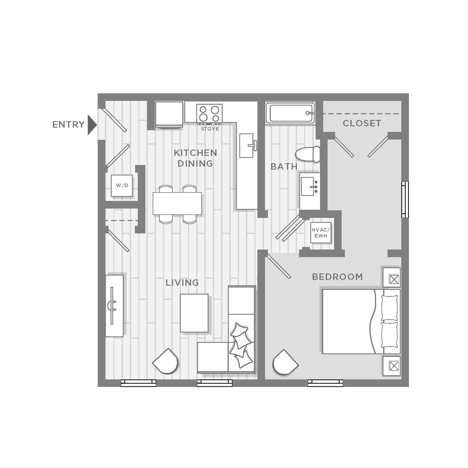 Modern floor plan showcasing a cozy 1-bedroom apartment with open-concept kitchen and dining area, spacious living room, and well-appointed bath.
