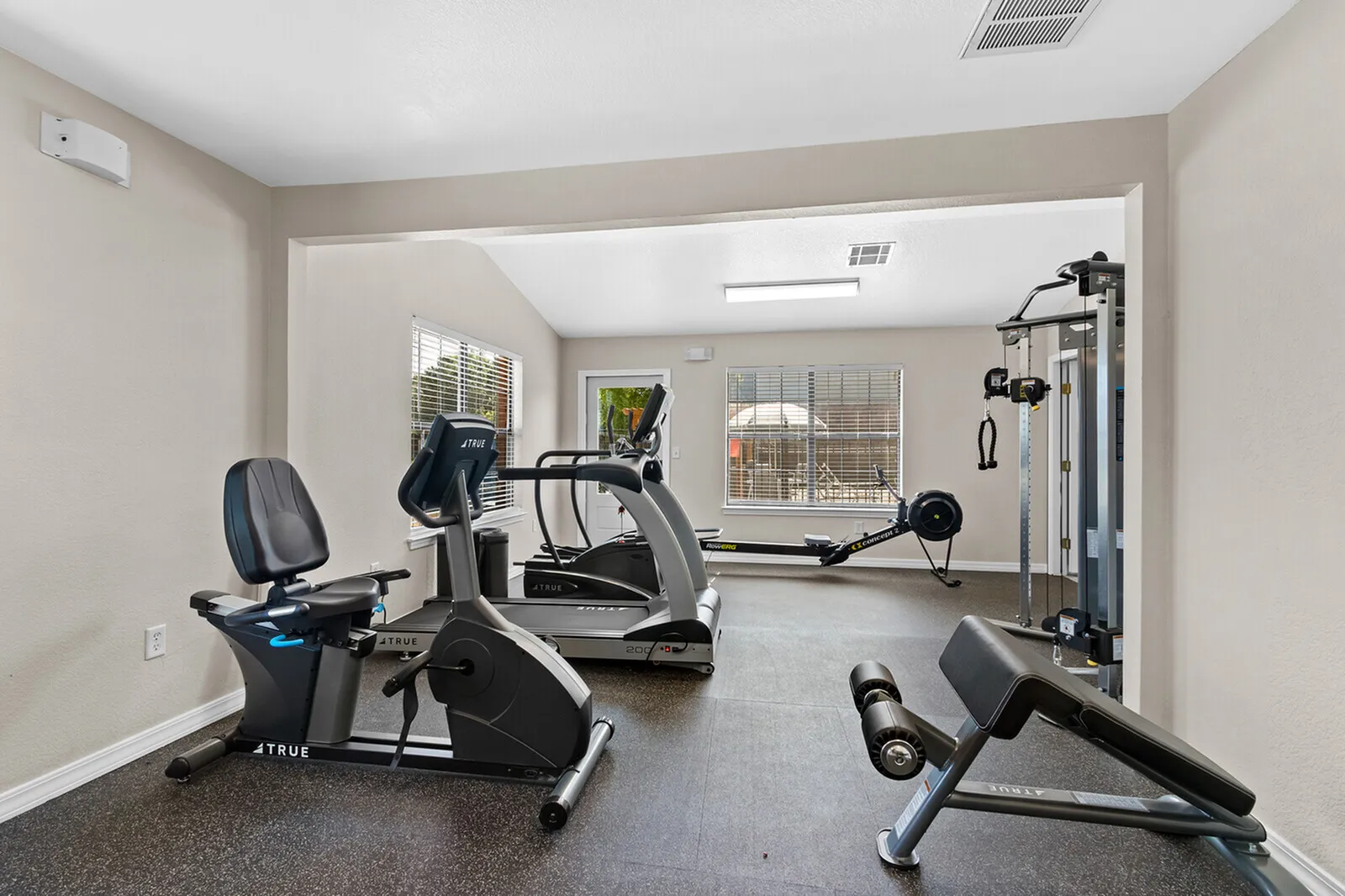Modern fitness room equipped with high-quality exercise machines, offering a bright and inviting workout space.