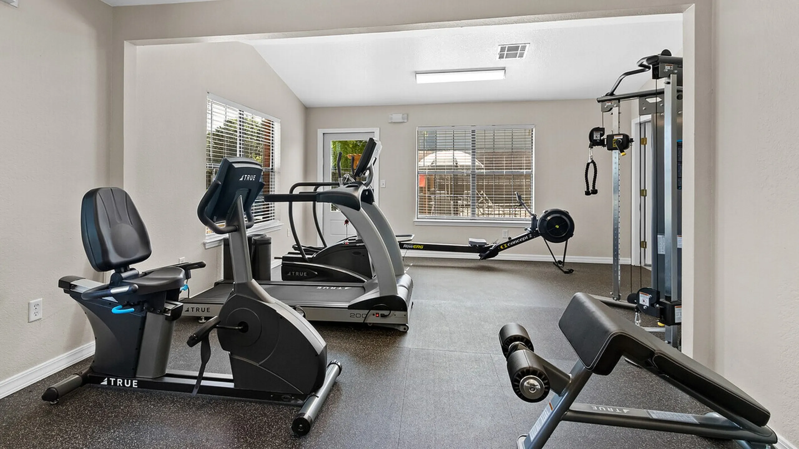Inviting fitness room featuring a variety of modern exercise equipment with ample natural light.
