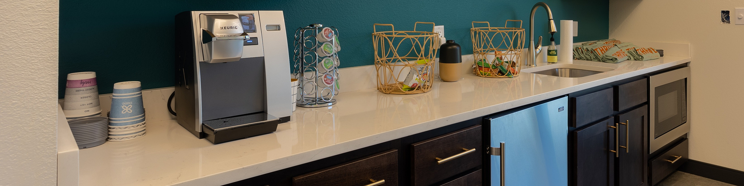 Chic and modern kitchen featuring sleek dark cabinets, a stylish coffee machine, and vibrant teal accent wall, perfect for gourmet cooking.