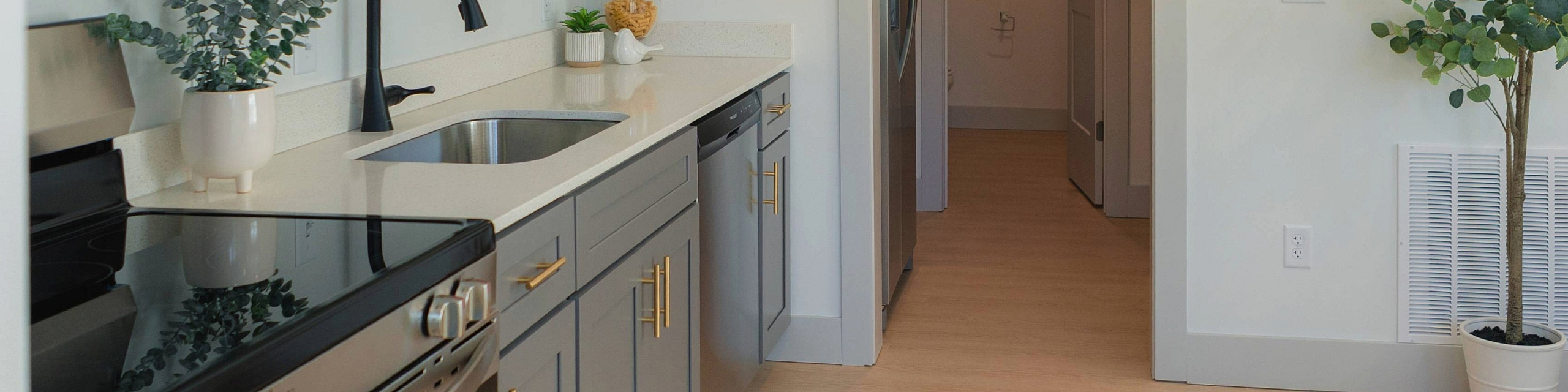 Modern kitchen with sleek gray cabinets, stainless steel appliances, and elegant hardwood floors, inviting natural light.