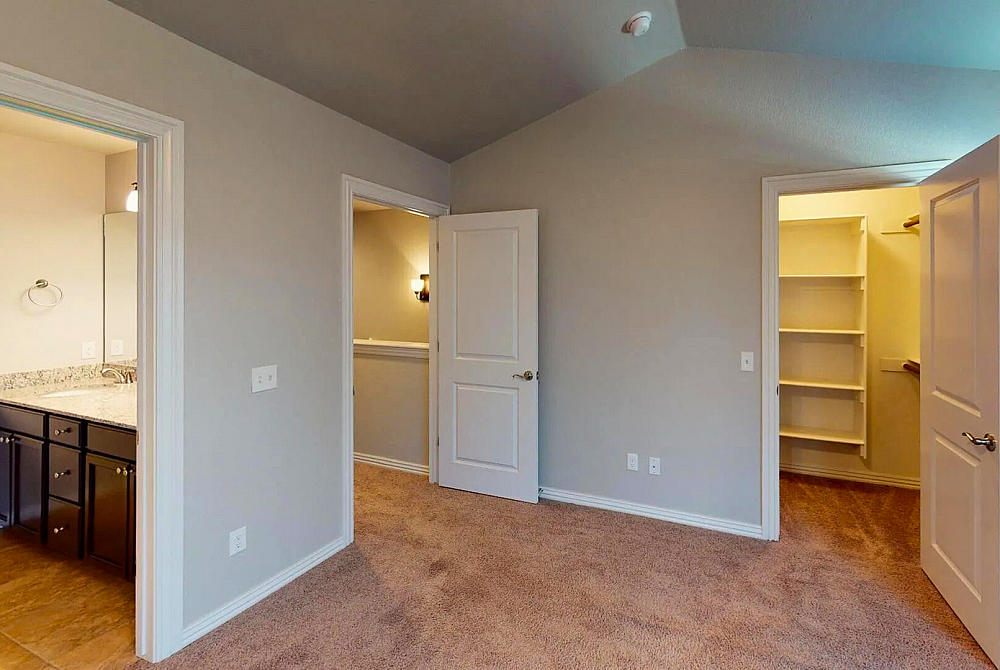 Brightly lit bedroom with plush carpet, adjacent bathroom featuring sleek granite countertops, and a spacious walk-in closet with ample shelving.