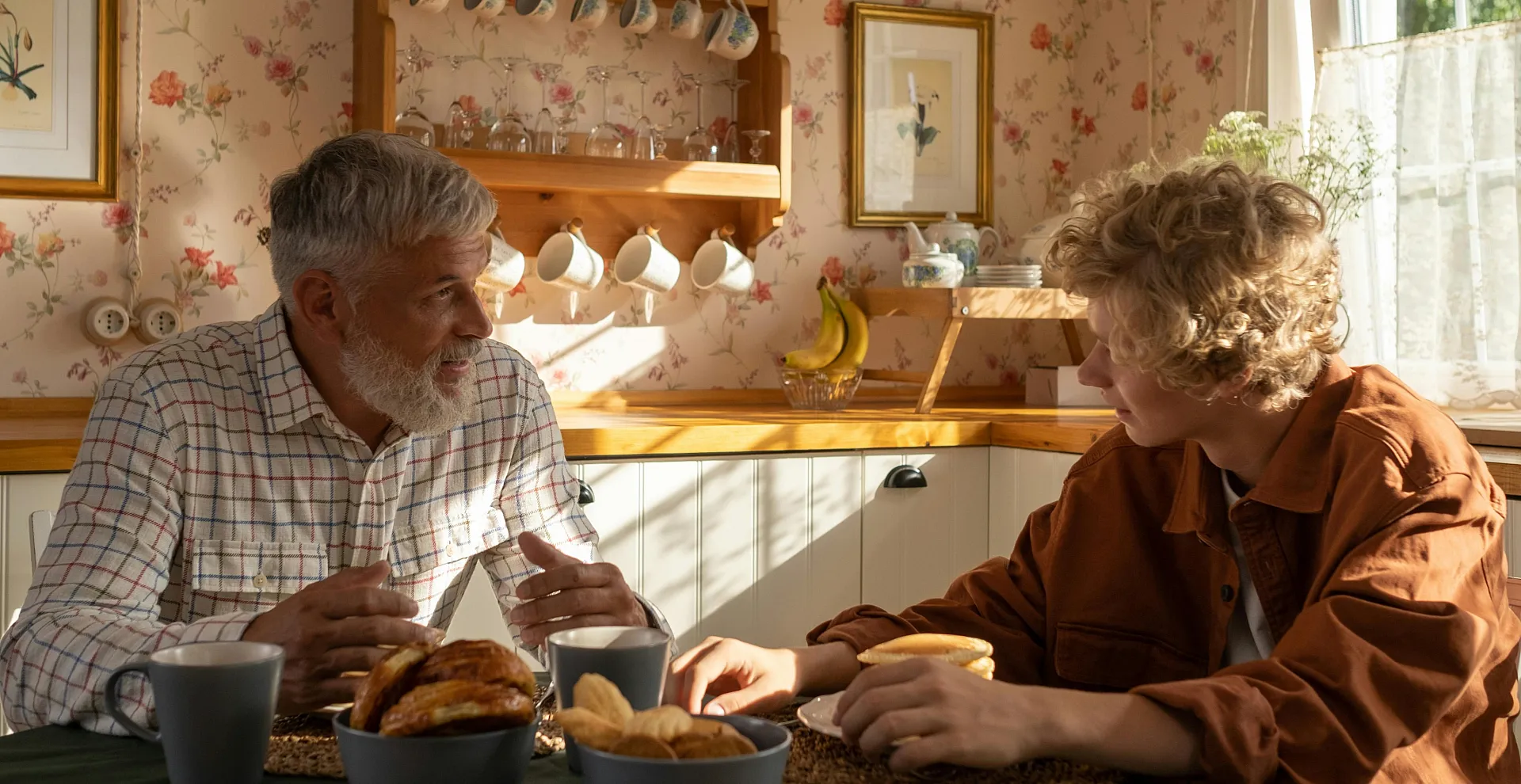 Charming kitchen with vintage floral wallpaper, cozy breakfast scene featuring two people enjoying morning light and pastries.