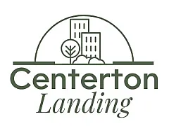 Modern Centerton Landing logo featuring sleek building silhouettes and a natural landscape, symbolizing urban living in harmony with nature.