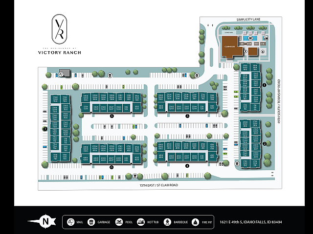 Modern layout of The Residences at Victory Ranch showcasing ample parking, lush greenery, and community amenities including a pool and clubhouse in Idaho Falls.