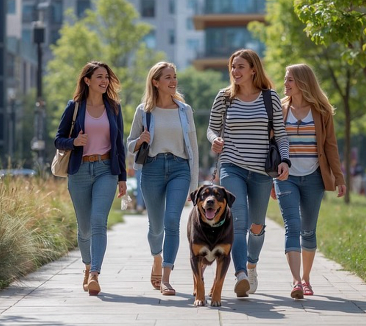 Four friends joyfully walking a dog along a sunny, tree-lined urban pathway, surrounded by lush greenery and modern apartment buildings.