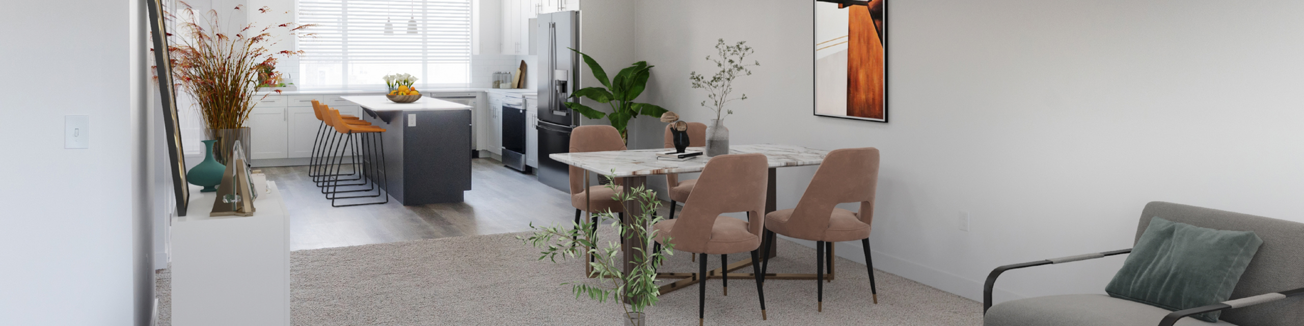 Bright, open-concept Erin Hills townhome featuring a spacious living area, dining space, and modern kitchen.