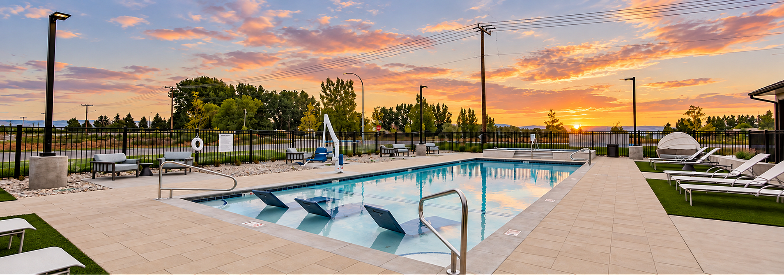 Outdoor pool with lounge chairs at sunset