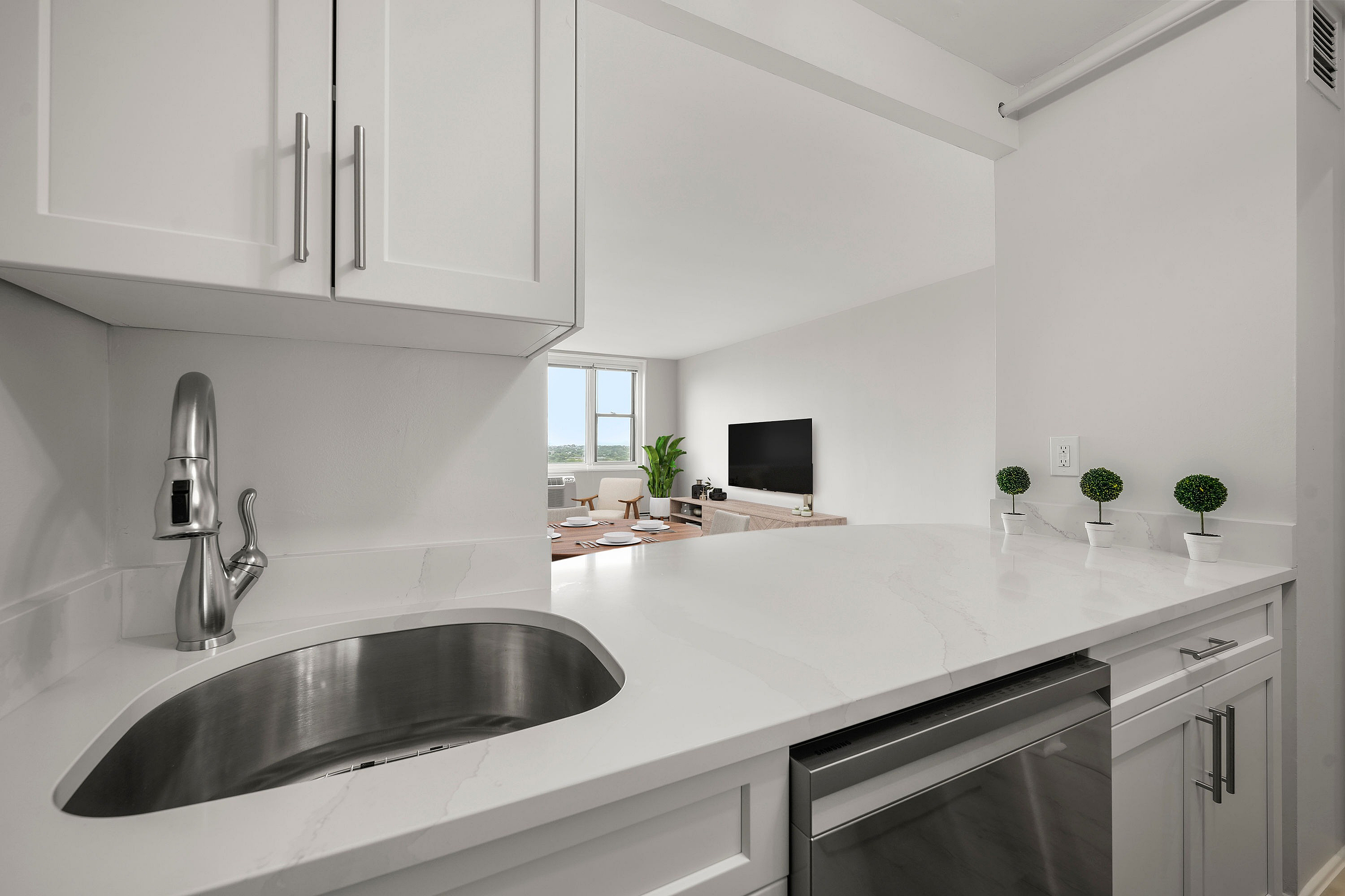 Modern kitchen with sleek stainless-steel sink and dishwasher, opening into a bright living area with a large window view.